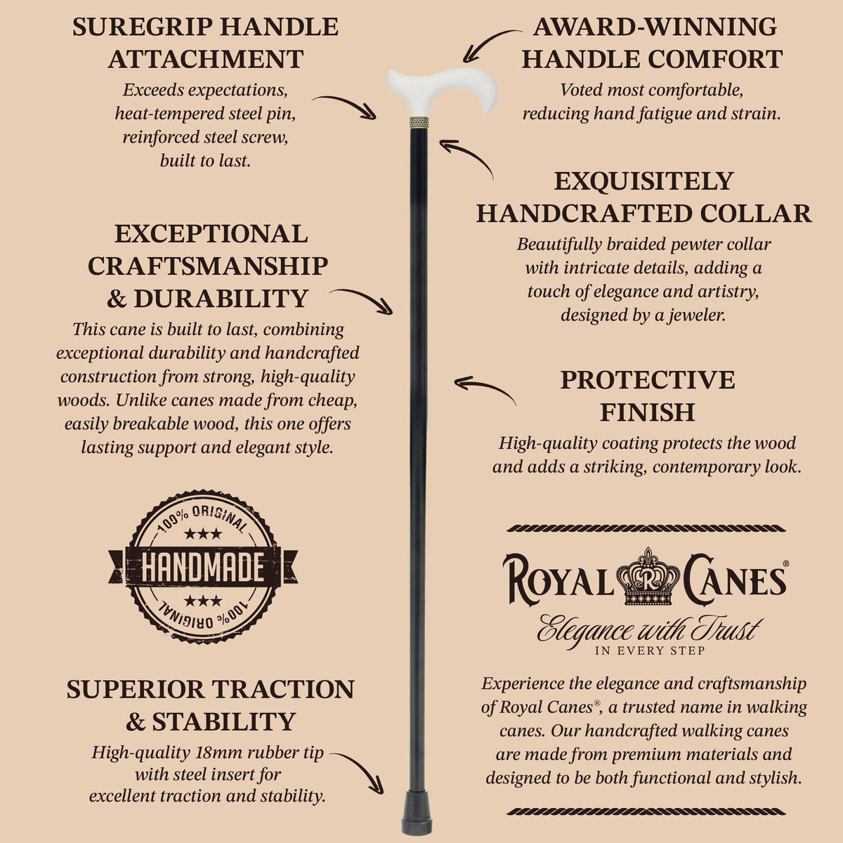 Derby Handle - Standard Size (White, Black, Pewter Collar)