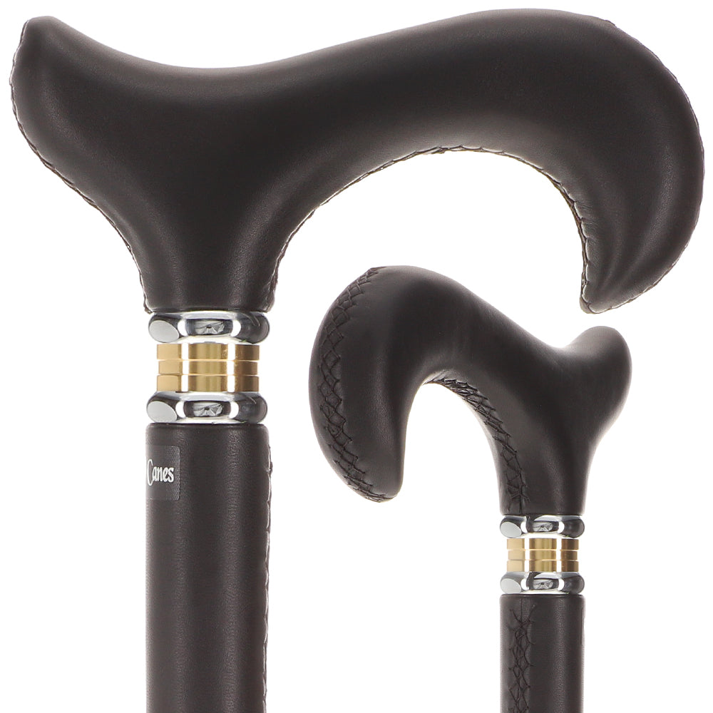 Soft Genuine Leather Grip Black Cane: Leather on Shaft & Handle
