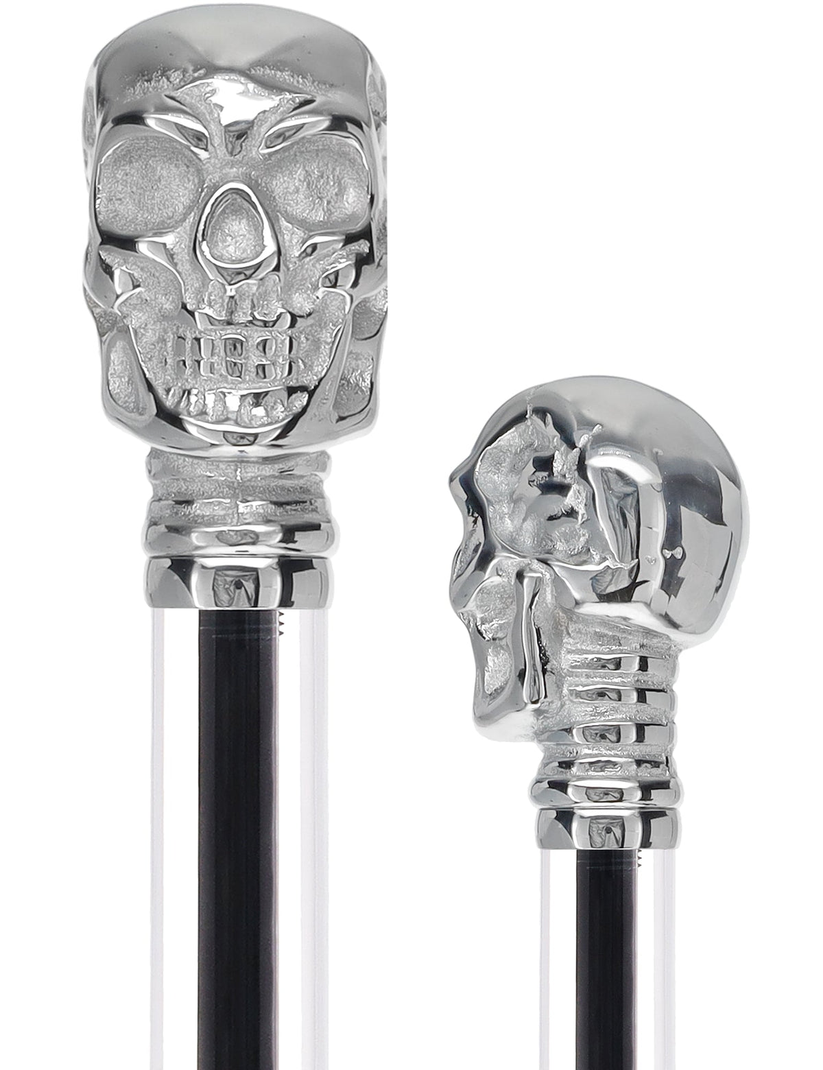 Crystal Elegance Chrome Skull Cane with Invisible Acrylic Shaft Options