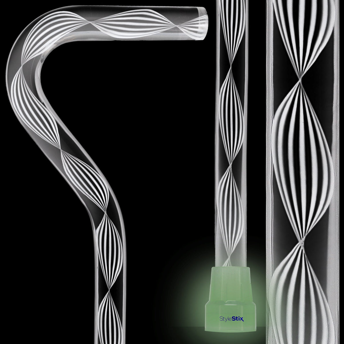 Alabaster Helix Cane: White Twists in Invisible Clear Shaft