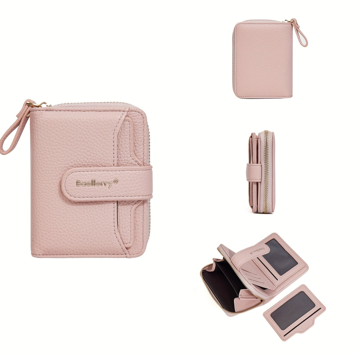 Compact Zip Bifold Wallet with Snap Card Flap and ID Windows