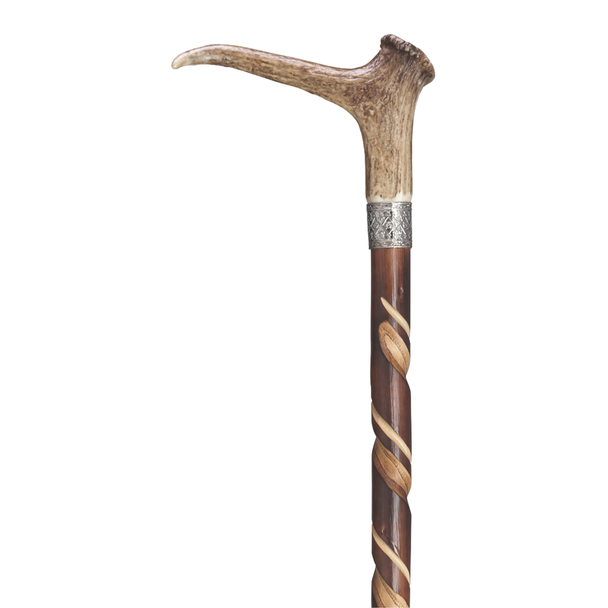 Premium Stag Horn Antler Walking Cane with Hand-Carved Chestnut Shaft