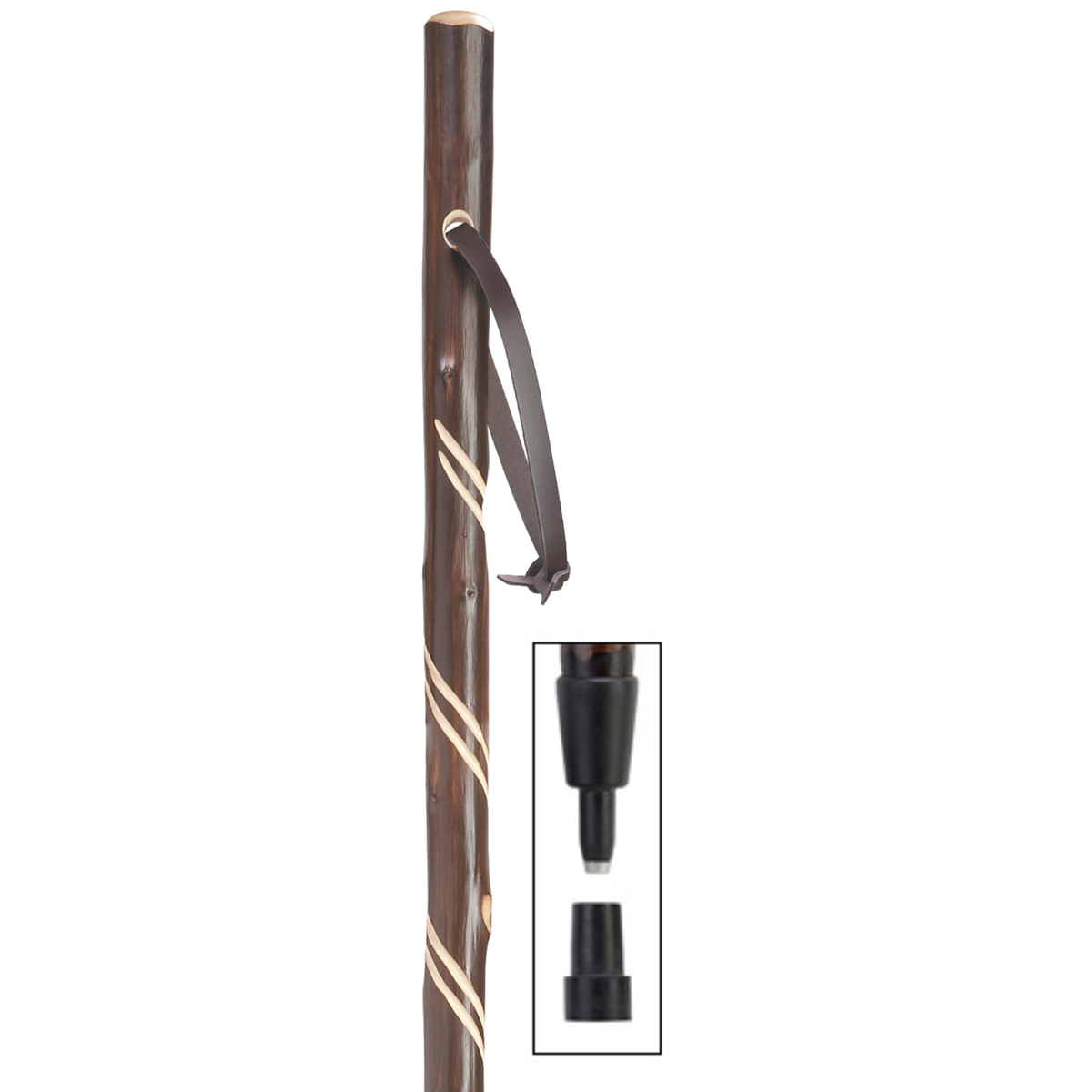 German Chestnut Hiking Staff: Hand-Carved, Leather Strap, 50” Spike Tip