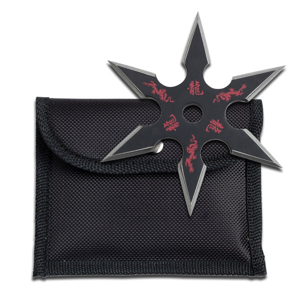 Black Stainless Steel 6 Point "Dragon" Throwing Star With Pouch - 4MM Thick - TOPHATTER'S ARMORY DEALS