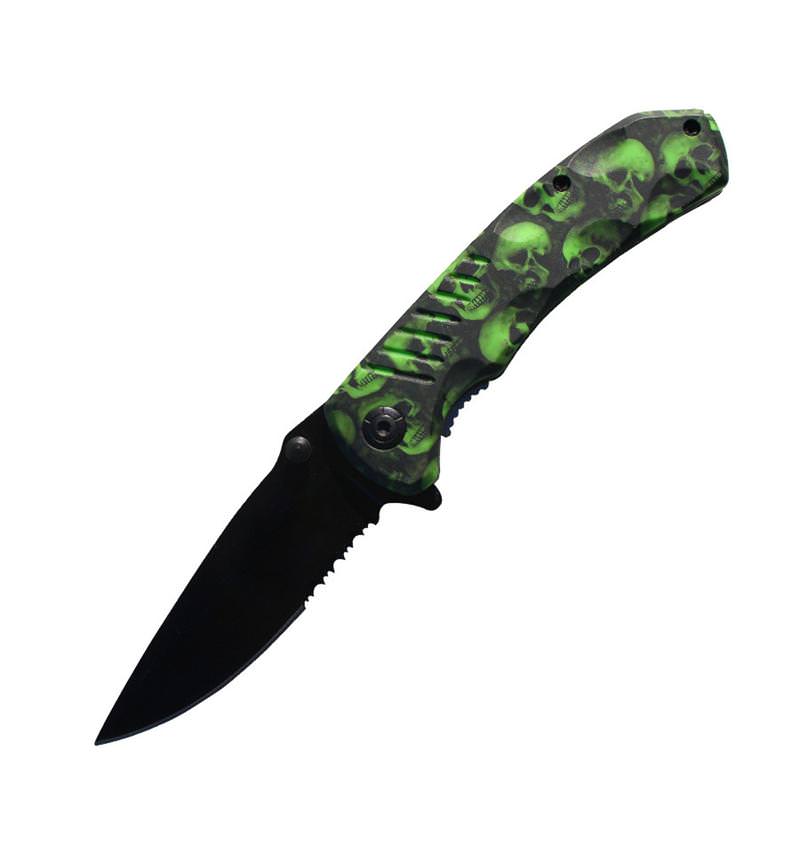 8 Inch Green Zombie Skull Tactical Spring Assisted Open Pocket Knife - TOPHATTER'S ARMORY DEALS