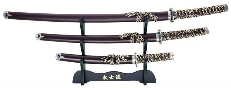 3-pc. Samurai Sword Set With Display Stand Brown - TOPHATTER'S ARMORY DEALS