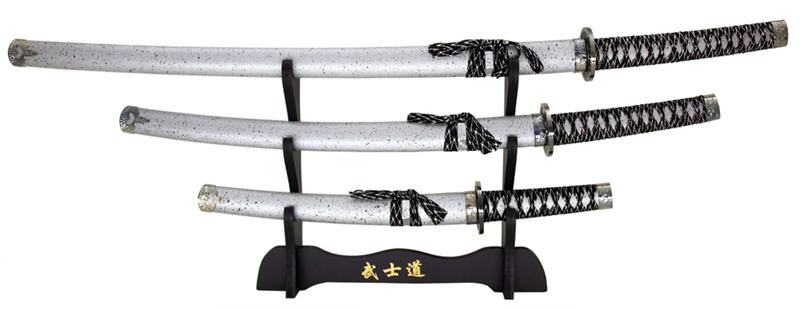 3-pc. Samurai Sword Set With Display Stand Silver & Black - TOPHATTER'S ARMORY DEALS