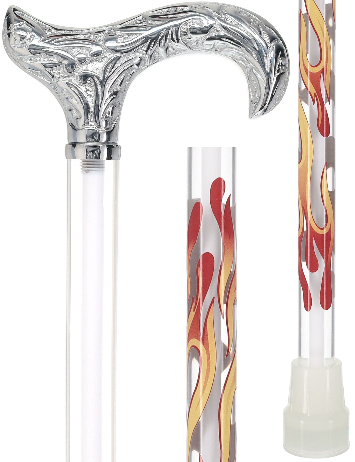 Flame Crystal Elegance Chrome Derby Cane with Invisible Acrylic Shaft Options
