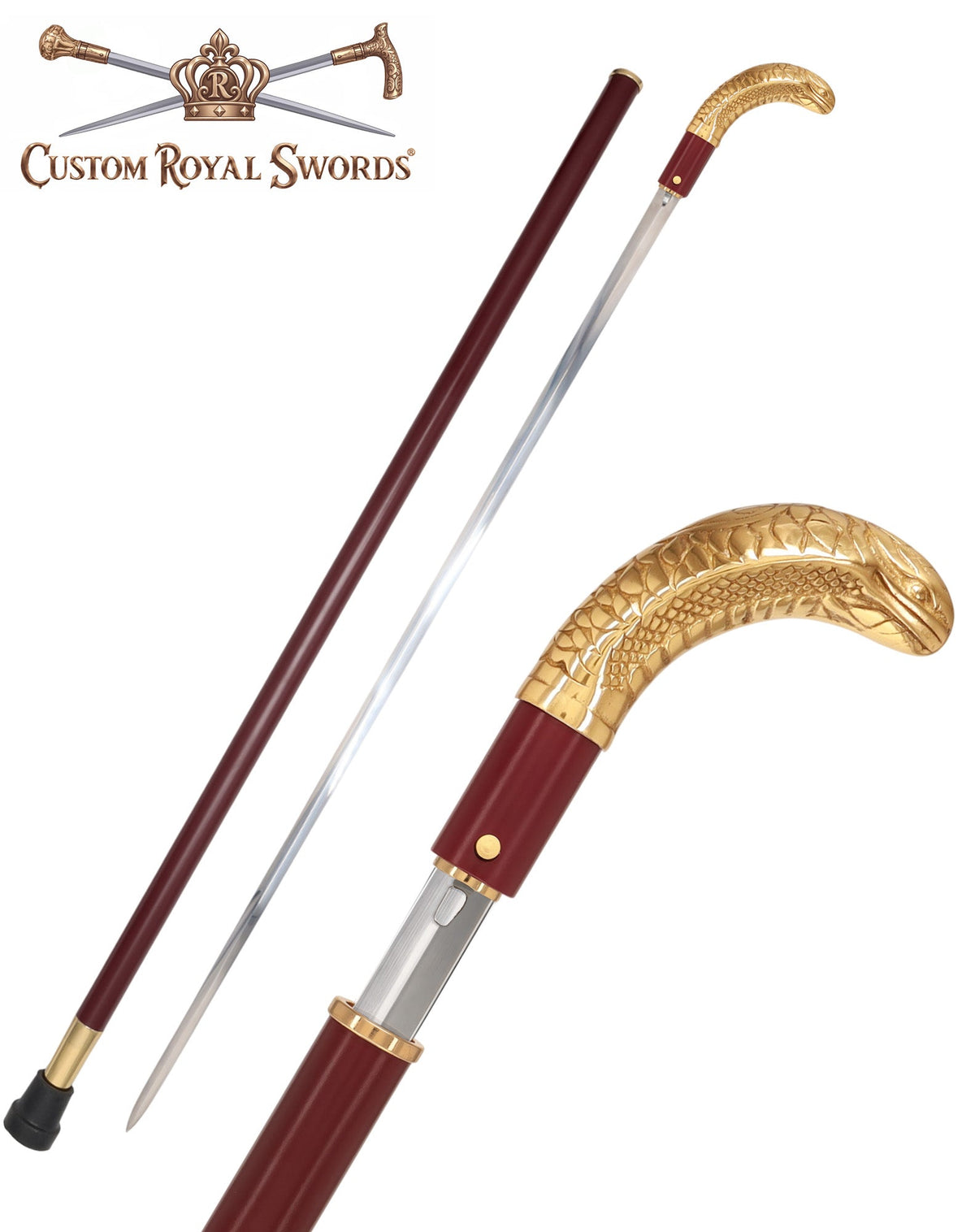 Custom RC Swords Brass Snake Handle Sword Cane – Mahogany Metal Shaft, 29" Blade