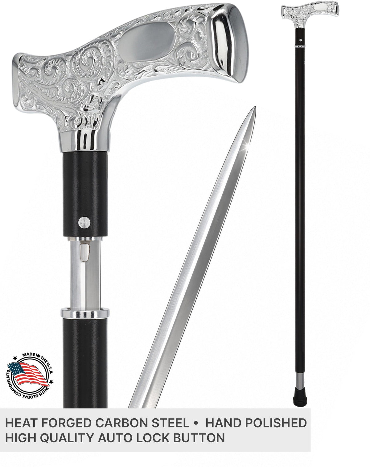 Custom RC Swords Engravable Chrome Fritz Sword Cane – Black Metal Shaft, 29" Blade