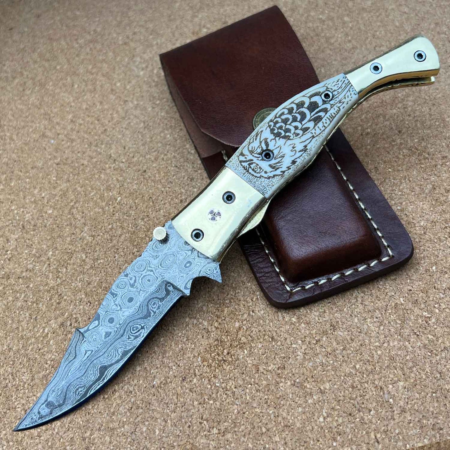 8.25" Scrimshaw Eagle Damascus Steel Custom Handmade Folding Pocket Knife