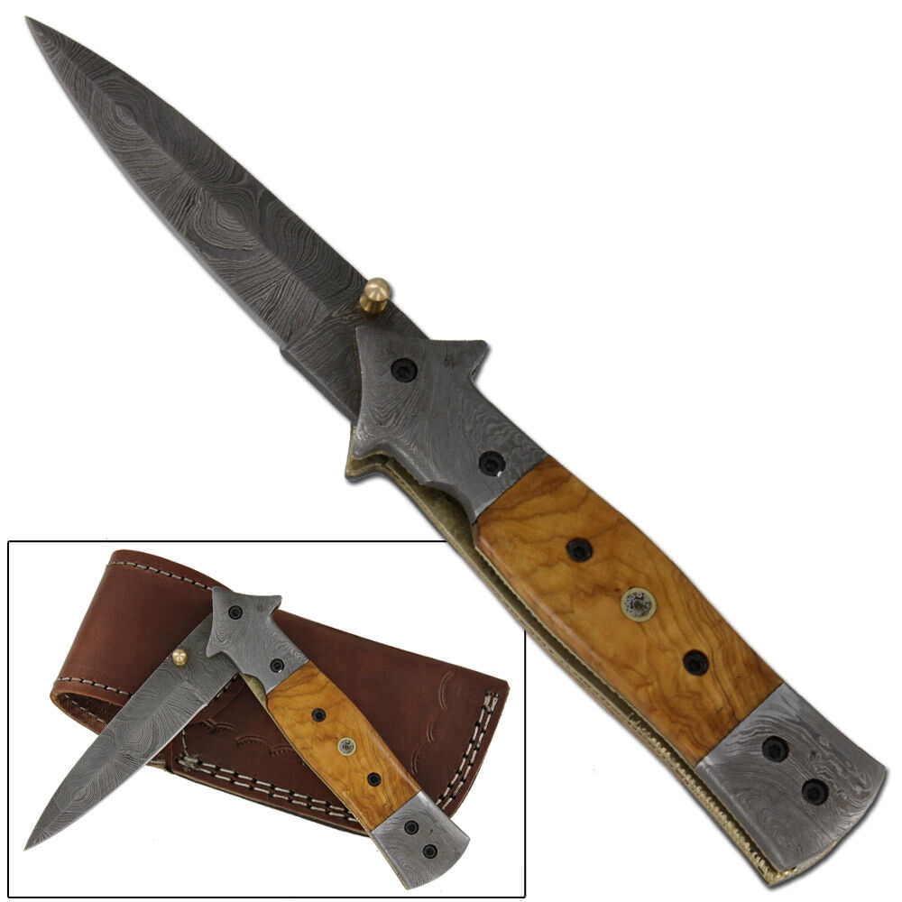 Outdoor Range War Rose Wood Damascus Steel Pocket Folding Knife & Leather Sheath