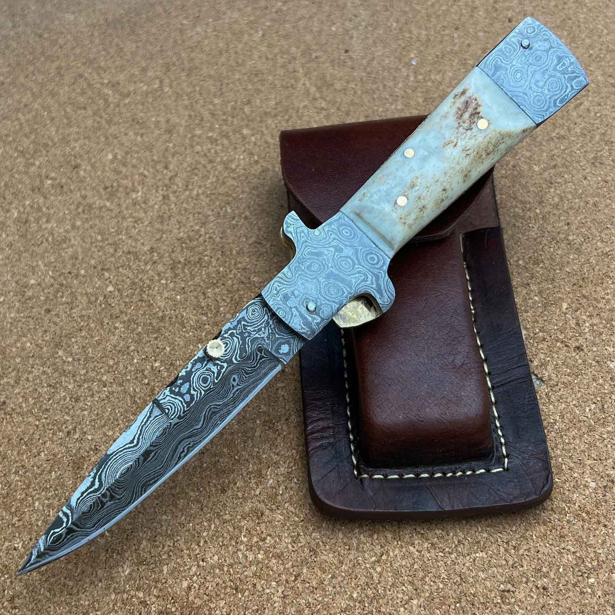 8.25" Damascus Steel Custom Handmade Folding Pocket Knife Stag Handle - TOPHATTER'S ARMORY DEALS