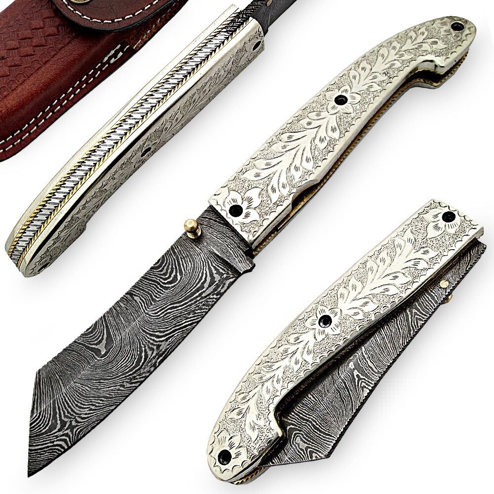 Outdoor Damascus Steel Silver Lotus Manual Pocket Knife