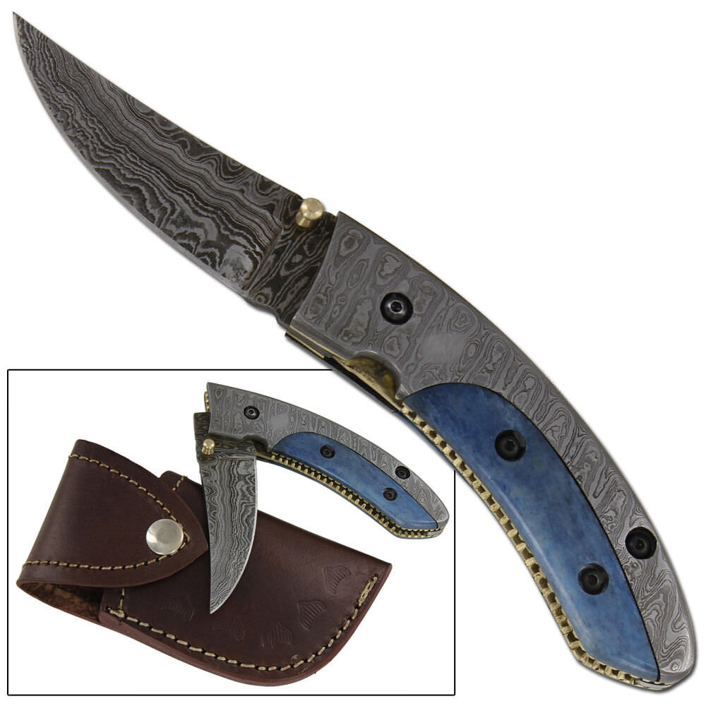 Maya Blue Dromedary Bone Damascus Steel Pocket Folding Knife