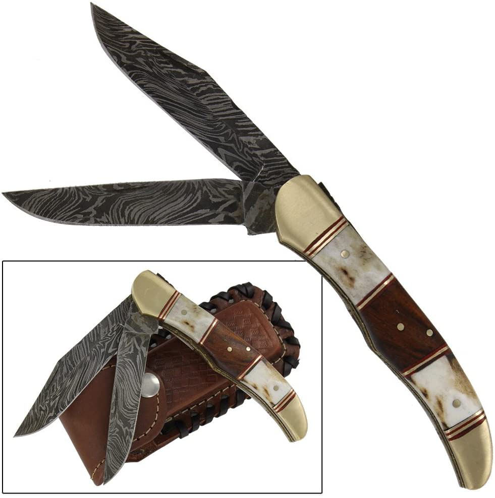 Double Blade Guild Stag Damascus Steel Pocket Knife