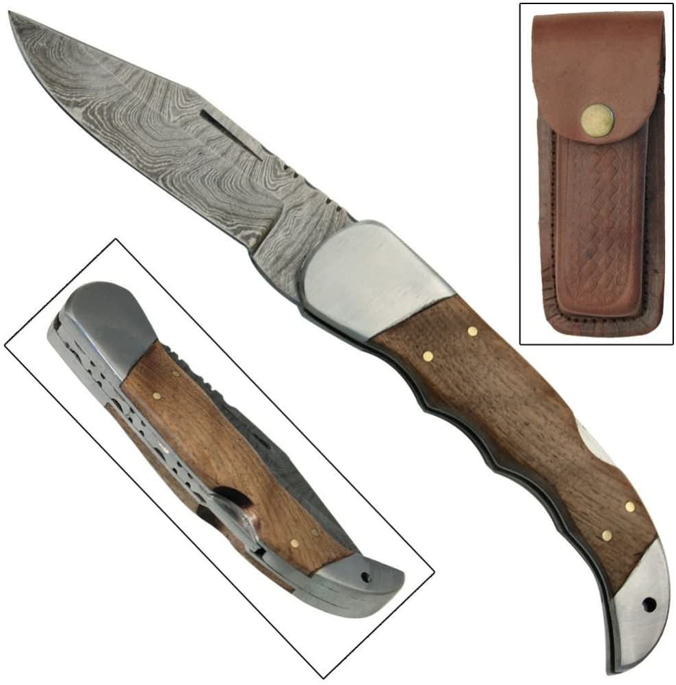 Damascus Lock Blade Pocket Knife 3.75" Blade With Leather Sheath