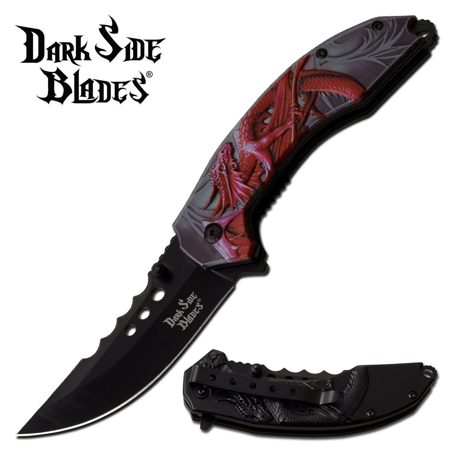Red Dragon 3.5" Black Trailing Blade Fantasy Spring Assist Folding Knife
