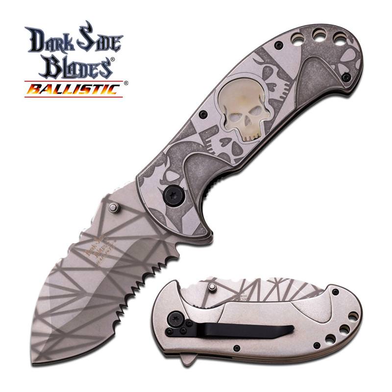 Spring Assisted Folding Knife Gray Stone Glow-in-Dark Skull Serrated Blade