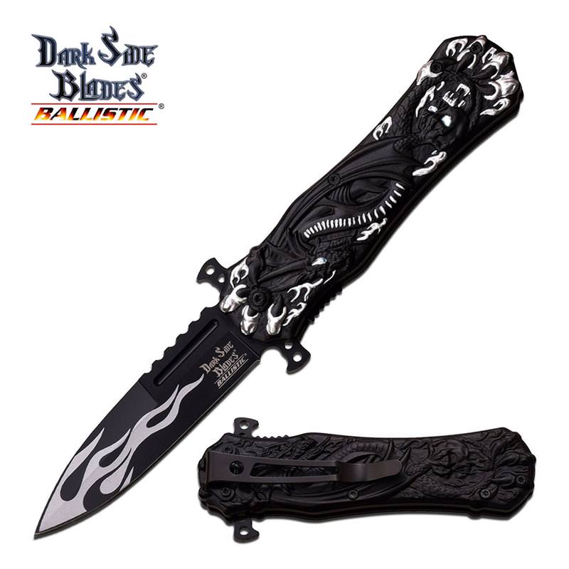 Spring Assist Open Fantasy Knife Black Dragon Design With Clip