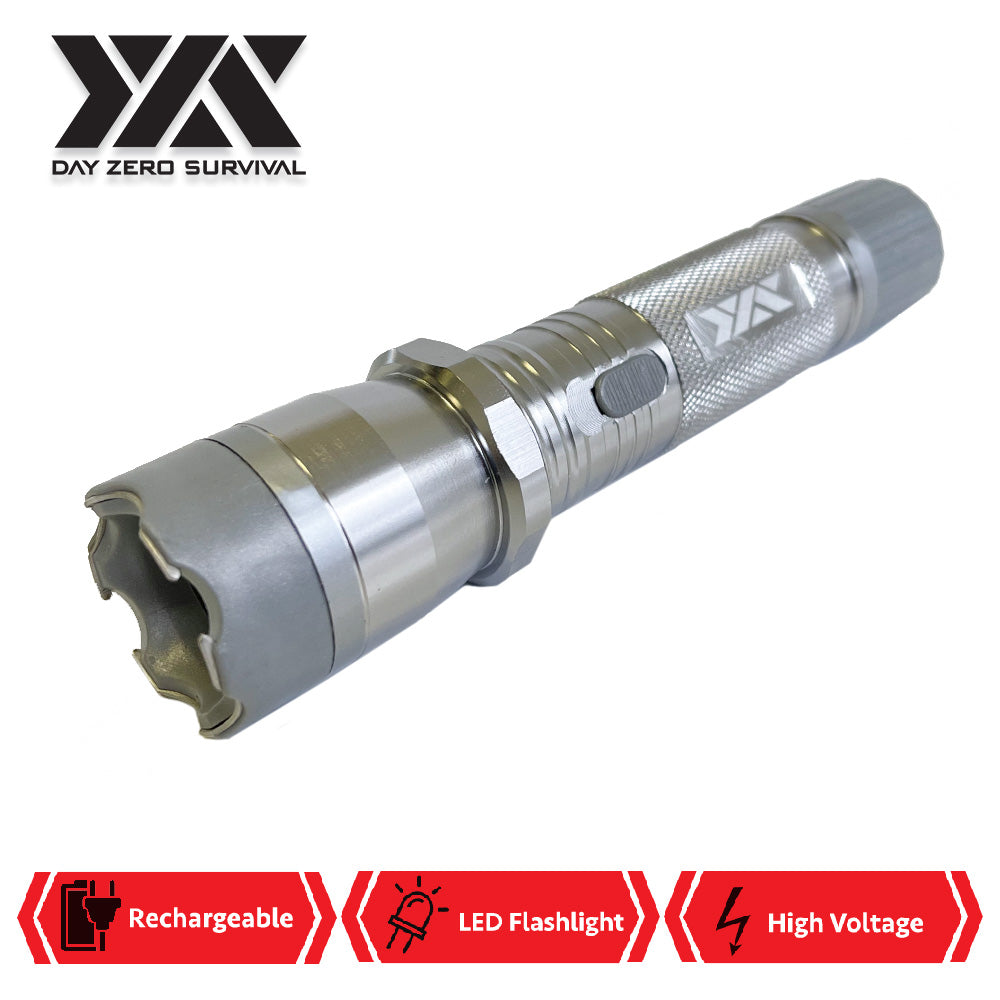 DZS Silver Metal Stun Gun 10 Million Volt Rechargeable with Flashlight - TOPHATTER'S ARMORY DEALS