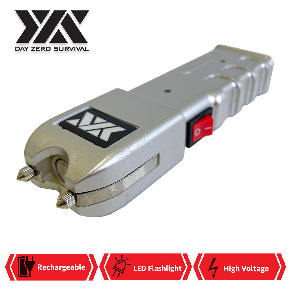 DZS Silver Stun Gun Heavy Duty Rechargeable with LED Flashlight - TOPHATTER'S ARMORY DEALS