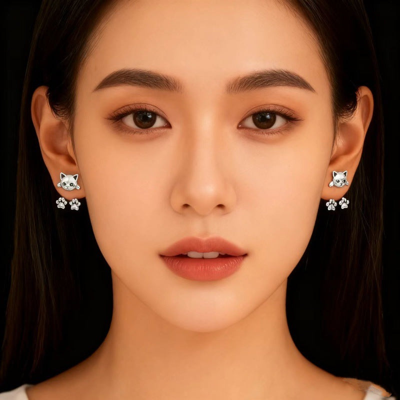 Cat Paw Ear Jacket Earrings - Kitten Front, Paws Below the Lobe