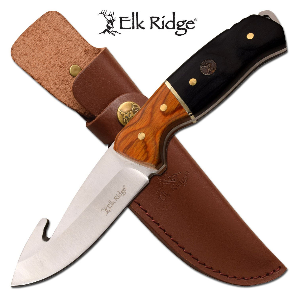 Hunting Knife Gut Hook Blade Black Wood Handle Full Tang + Sheath - TOPHATTER'S ARMORY DEALS