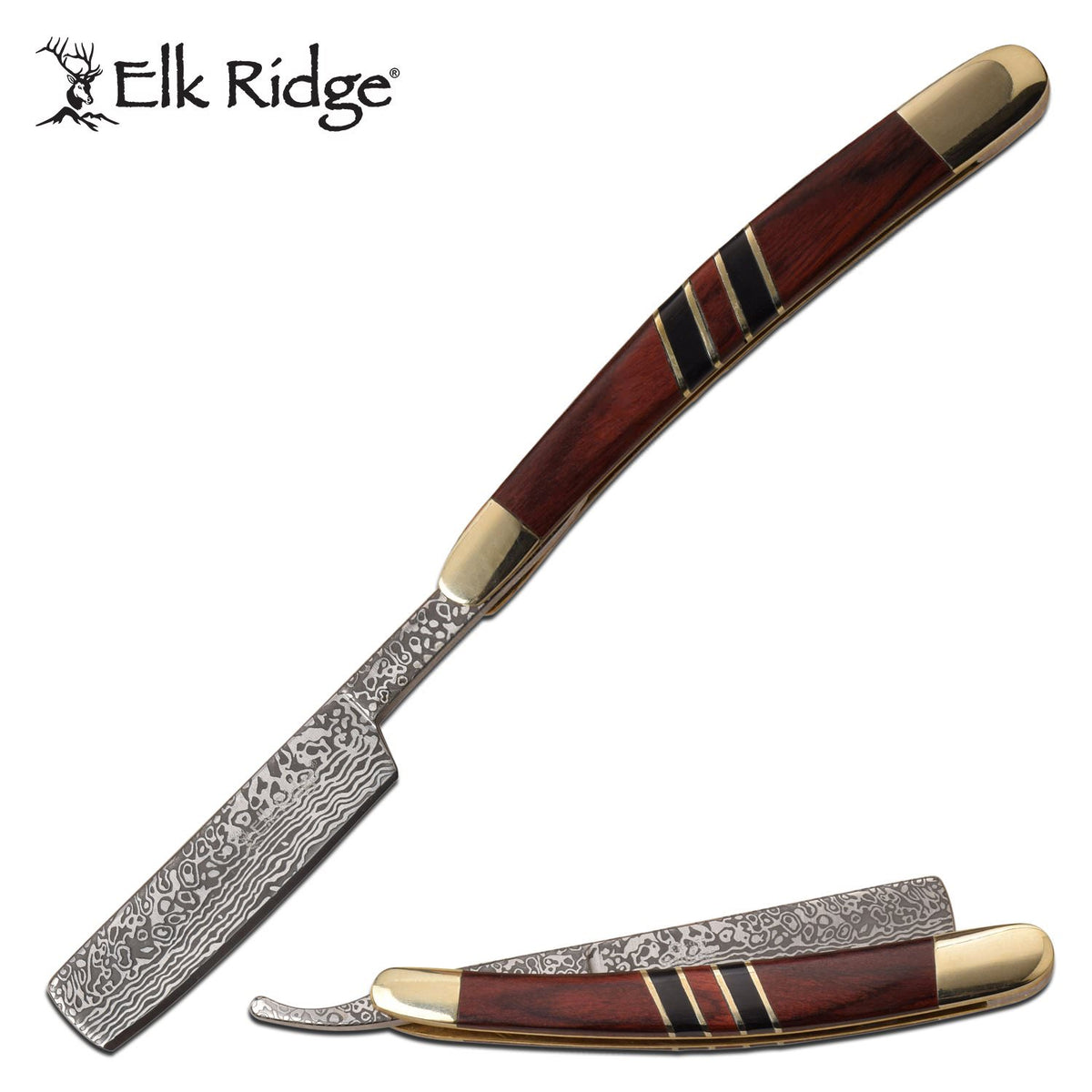 Straight Razor 2.75" Damascus Etch Blade Brown Wood Handle - TOPHATTER'S ARMORY DEALS
