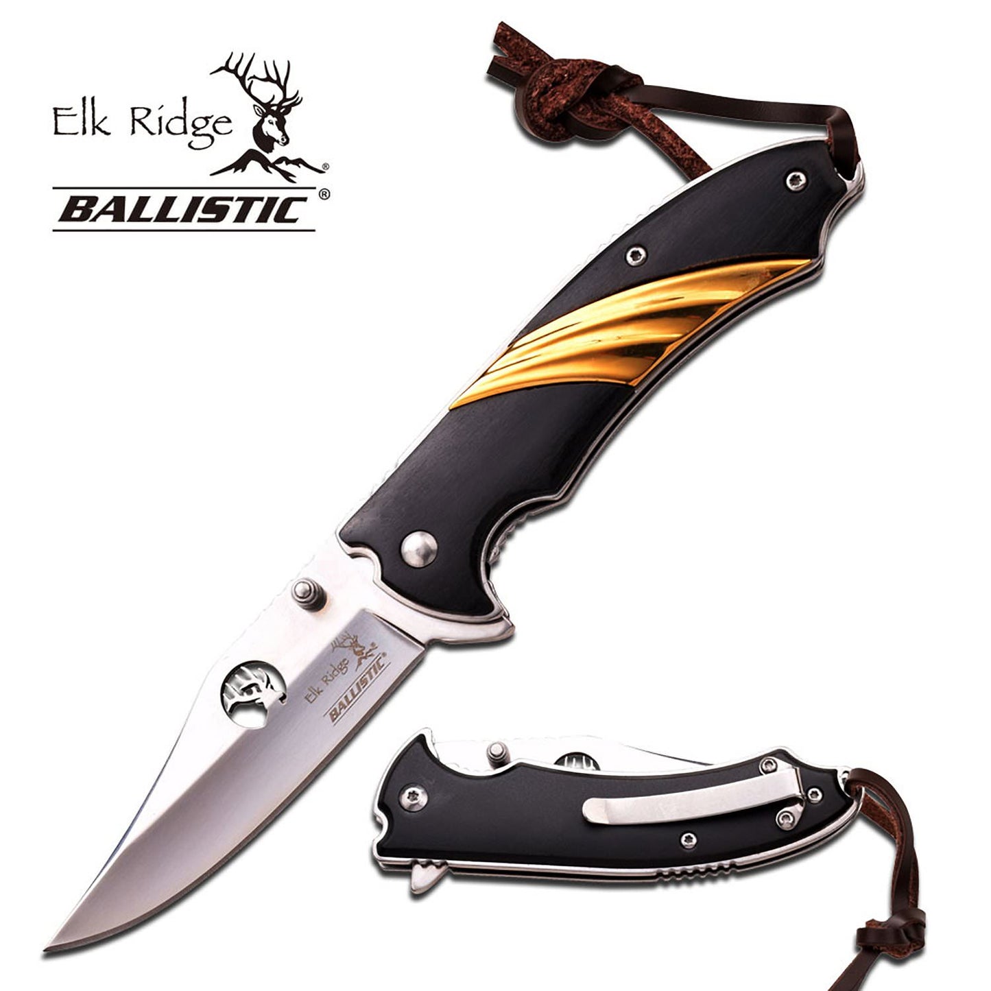 Spring Assist Folding Pocket Knife Elk Ridge Silver Blade Gold Black Wood