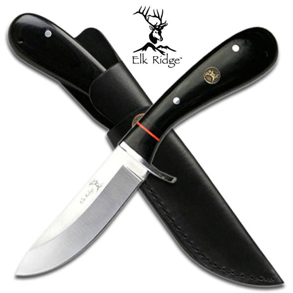 Elk Ridge Hunting Knife - Black Pakkwood Handle With Leather Case