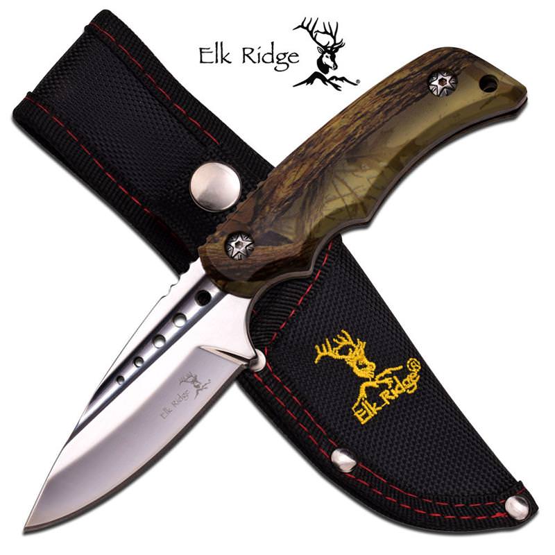 Brown Camo Straight Full Tang Fixed Blade Hunting Skinning Knife