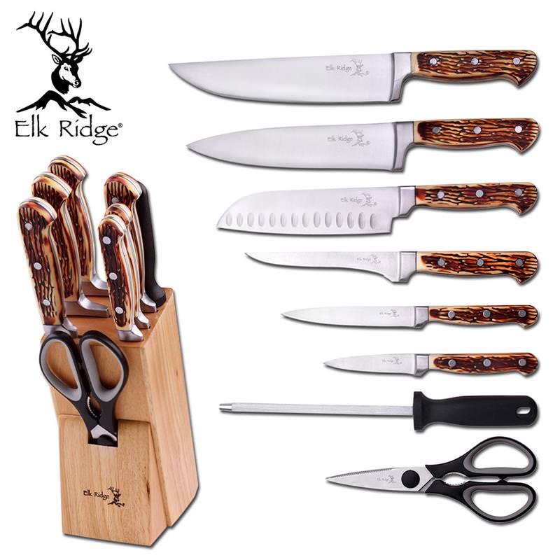 Elk Ridge 9 Piece Kitchen Cutlery Knife Set And Block Stainless Steel Chef Knives - TOPHATTER'S ARMORY DEALS