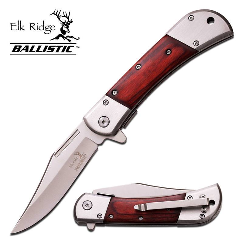 Elk Ridge Silver Blade Brown Wood Handle Spring Asssist Pocket Hunt Knife