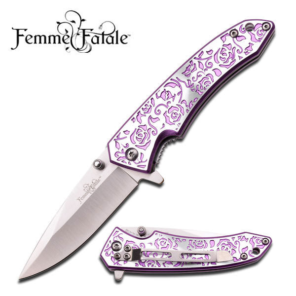 Purple Rose Texture Handle Spring Assisted Opening Knife