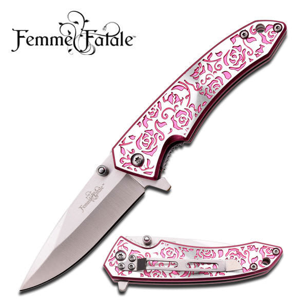 Pink Rose Texture Handle Spring Assisted Opening Knife