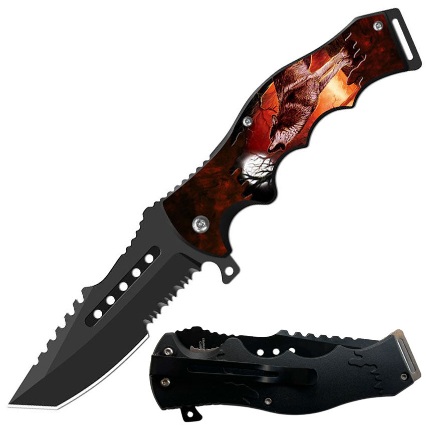 8.5" Tactical Wolf Howling Spring Assisted Folding Open Pocket Knife Cleaver Blade - TOPHATTER'S ARMORY DEALS