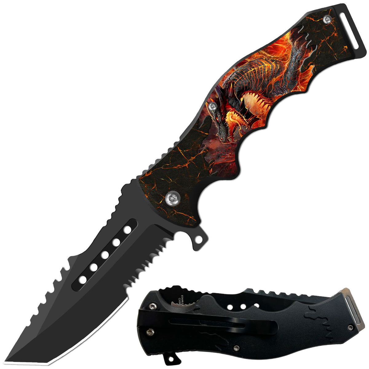 8.5" Tactical Flame Dragon Spring Assisted Folding Open Pocket Knife Cleaver Blade - TOPHATTER'S ARMORY DEALS