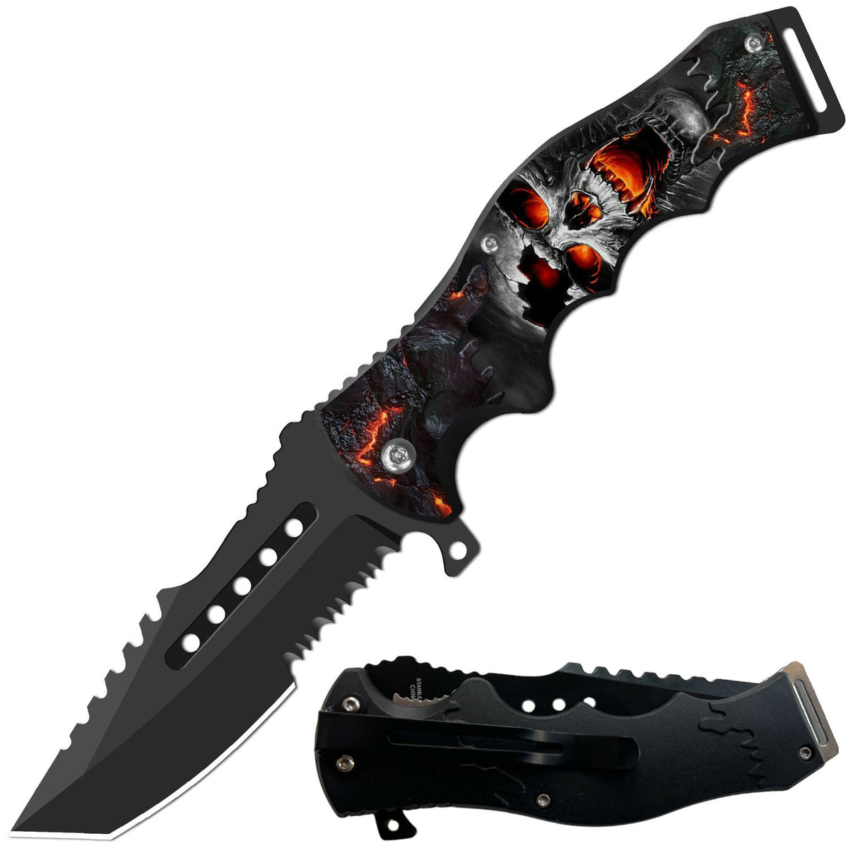 8.5" Tactical Flame Skull Spring Assisted Folding Open Pocket Knife Cleaver Blade - TOPHATTER'S ARMORY DEALS
