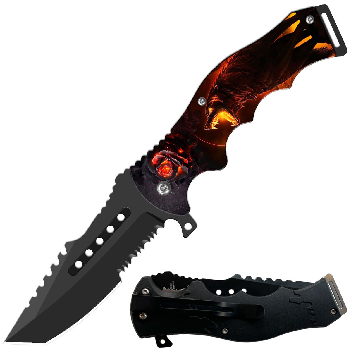 8.5" Tactical Flame Hauling Wolf Spring Assisted Folding Open Pocket Knife Cleaver Blade - TOPHATTER'S ARMORY DEALS