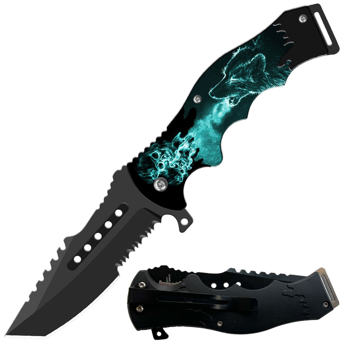 8.5" Tactical Howling Wolf Spring Assisted Folding Open Pocket Knife Cleaver Blade - TOPHATTER'S ARMORY DEALS