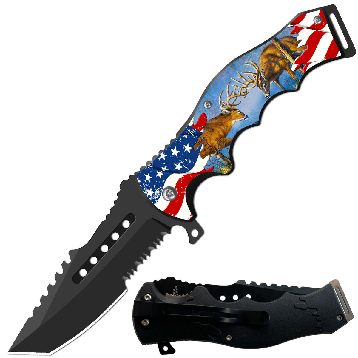 8.5" Tracker Huntsman American Deer's Spring Assisted Folding Open Pocket Knife - TOPHATTER'S ARMORY DEALS