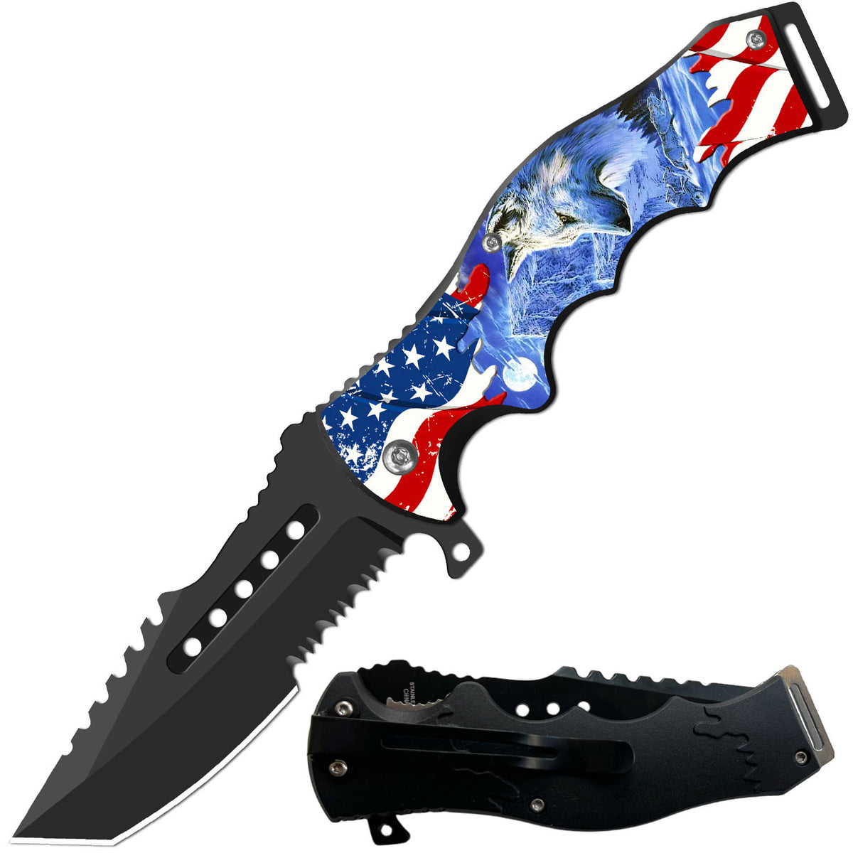8.5" Tracker Huntsman American Wolf Spring Assisted Folding Open Pocket Knife - TOPHATTER'S ARMORY DEALS