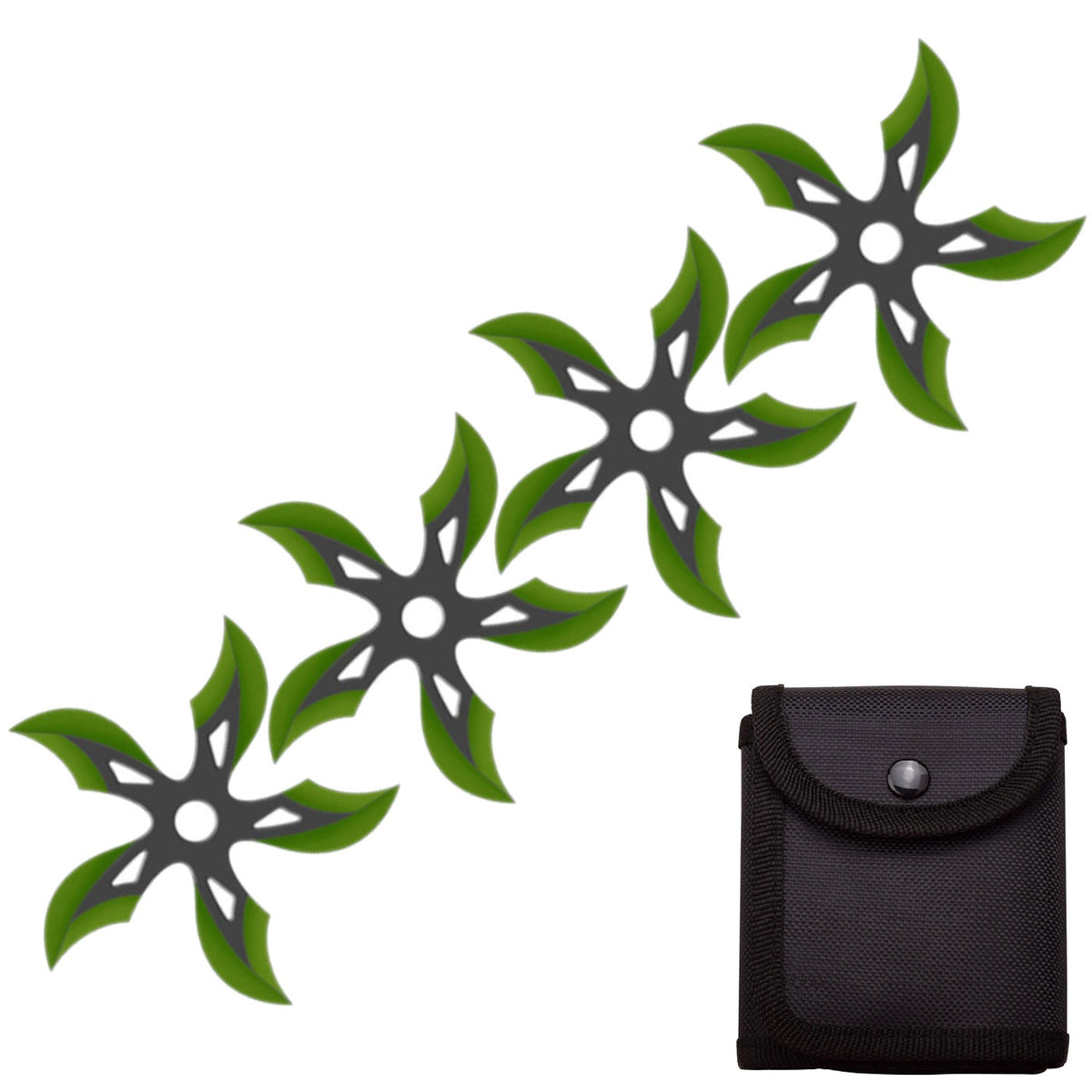 4 PC Set Black/Green Finish Ninja Throwing Stars Shuriken Knife Curve Blade Five-Sided - TOPHATTER'S ARMORY DEALS