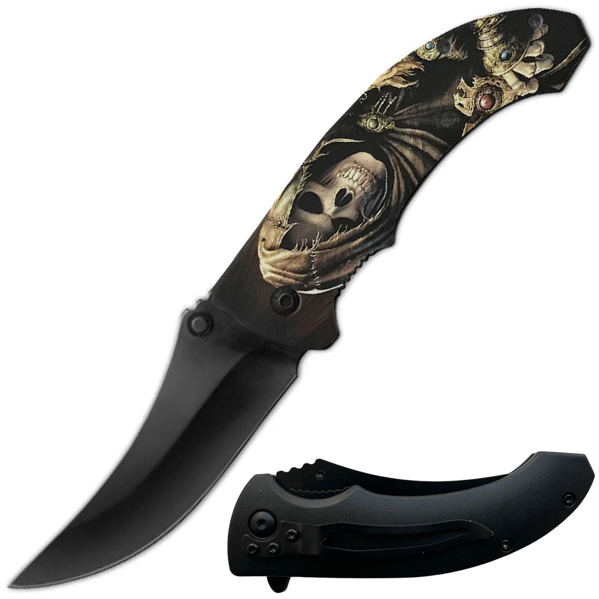 8" Grim Reaper Death Skull Spring Assisted Open Folding Pocket Knife - TOPHATTER'S ARMORY DEALS