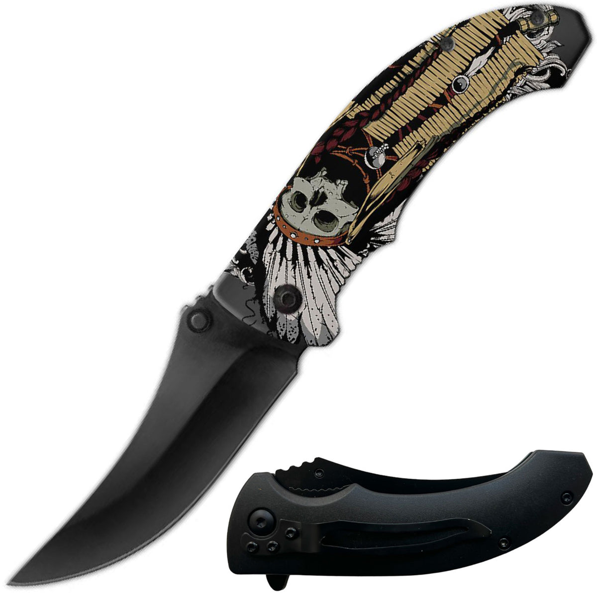 8" Native American Indian Skull Spring Assisted Folding Pocket Knife - TOPHATTER'S ARMORY DEALS