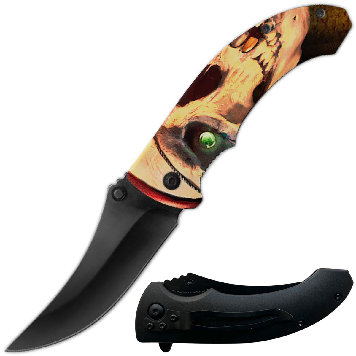 8" Green Eye Skull Spring Assisted Open Folding Pocket Knife - TOPHATTER'S ARMORY DEALS