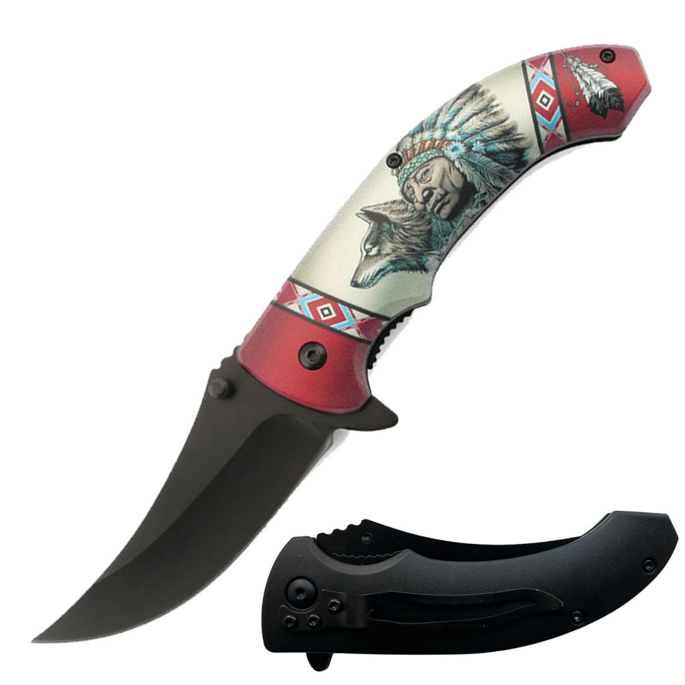 8" Native American Indian Spring Assisted Open Folding Pocket Knife Red - TOPHATTER'S ARMORY DEALS