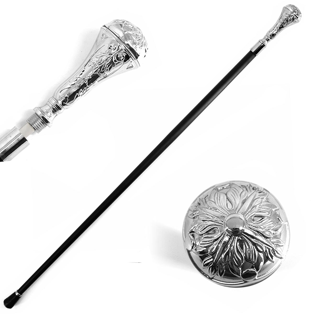 36.5" Silver Acanthus Rosette Knob Deluxe Steel Cane Sword - TOPHATTER'S ARMORY DEALS