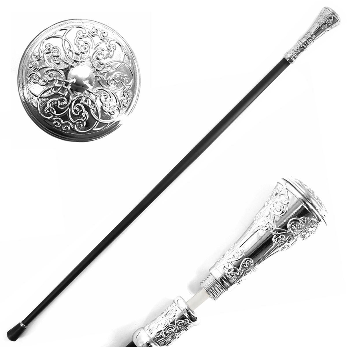 36" Silver Flower Pattern Knob Deluxe Steel Cane Sword - TOPHATTER'S ARMORY DEALS